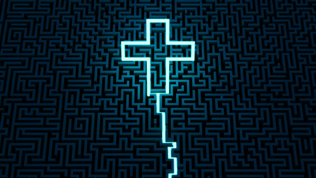 3D illustration of neon trail leading to center of giant maze ending in glowing cross symbol
