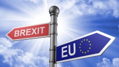 Pfeile mit Aufschrift "Brexit" und "EU" zeigen in verschiedene Richtungen