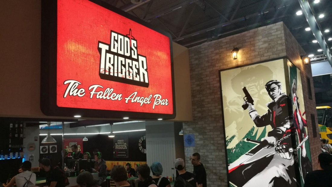 Das Spiel "God's Trigger" auf der Gamescom 2017 wirbt mit eindeutig christlichen Motiven.